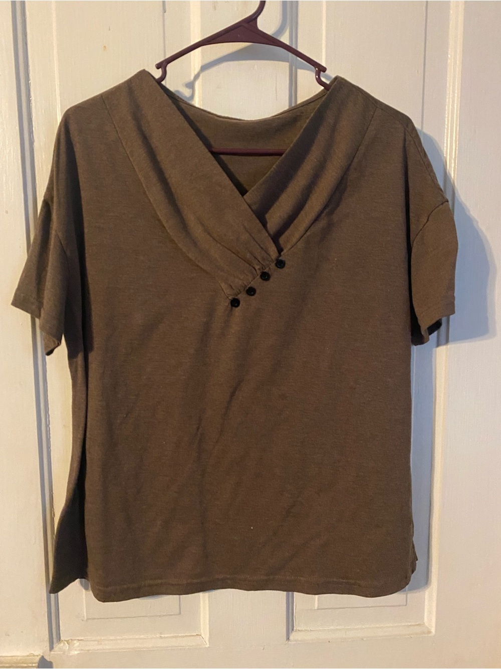 Women's Olive Short-Sleeve V-Neck Top with Button Detail